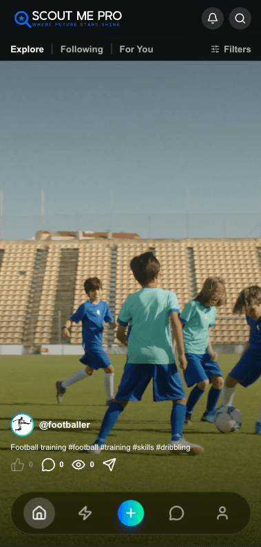 Scout Me Pro discovery feed showing footballer video highlights for scout review